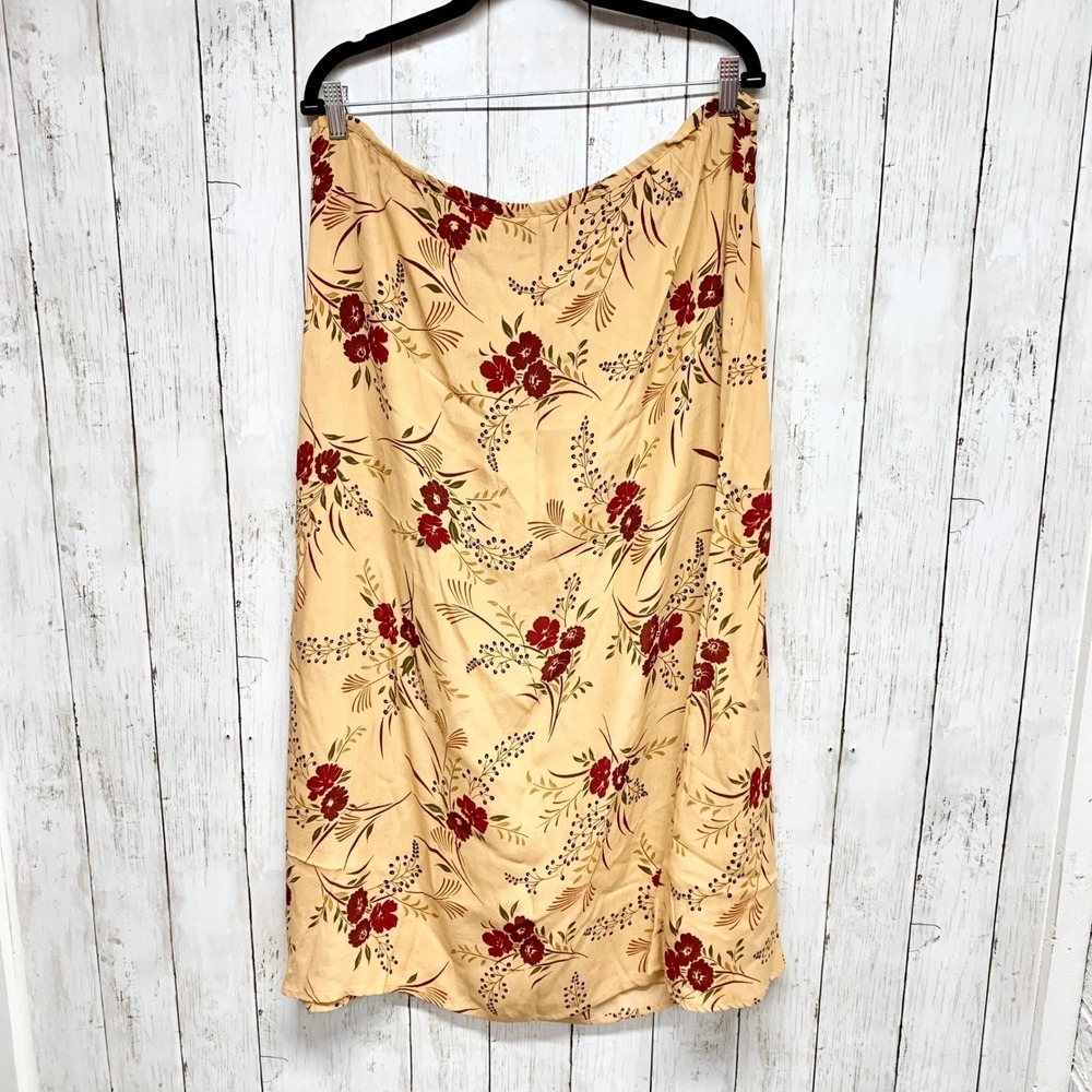 BICE‎ Vintage Floral Midi Skirt Women Size 14 Tan Red Rayon A-Line 3967 Boho